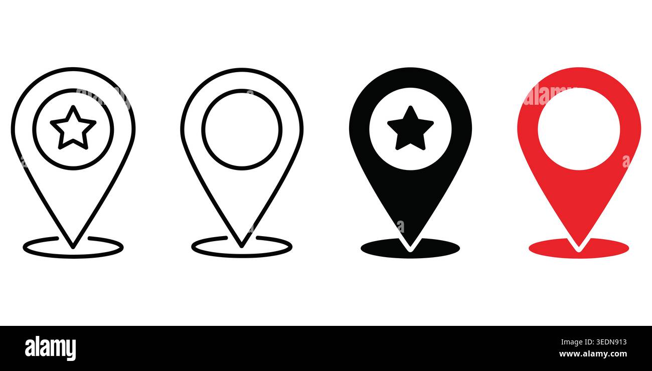 A collection of four map marker and location pin icons featuring various designs including outline and solid shapes with star symbols for navigation o Stock Vector
