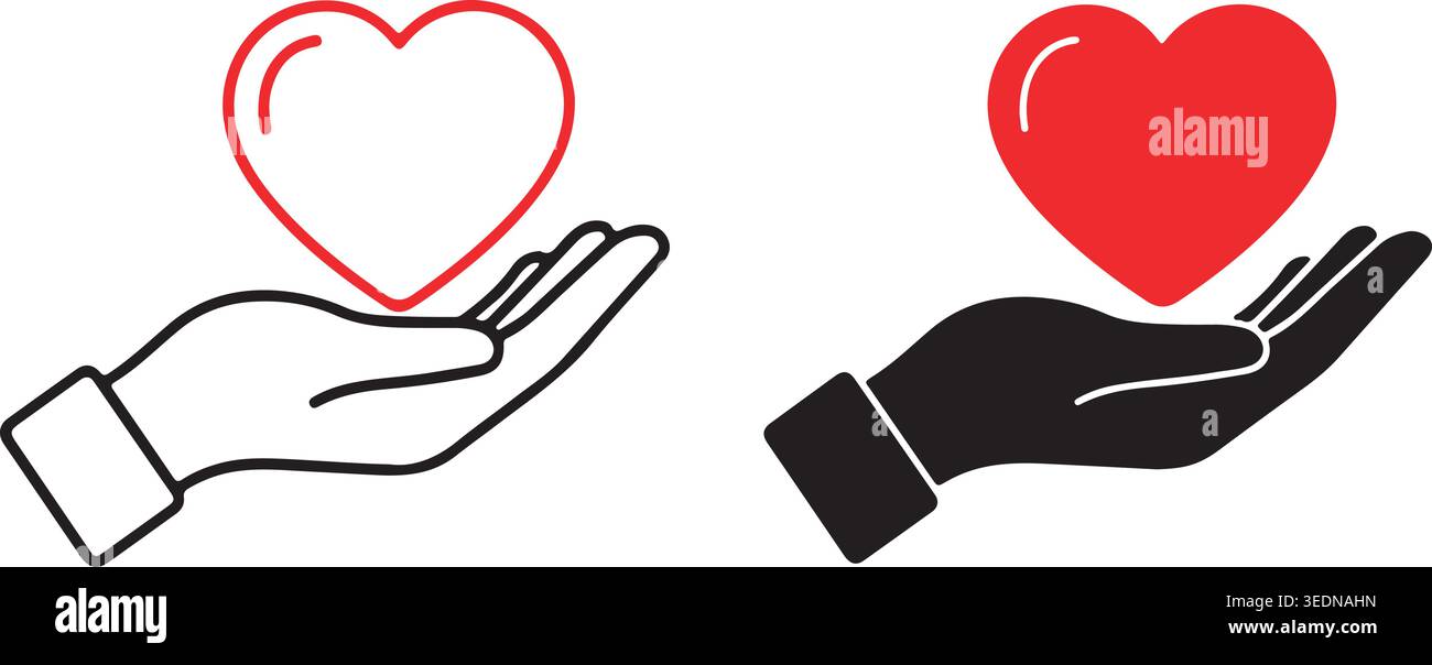 Minimalist hand icons cupping heart shapes representing love and compassion. Black and white outline and solid silhouettes for health care and kindnes Stock Vector