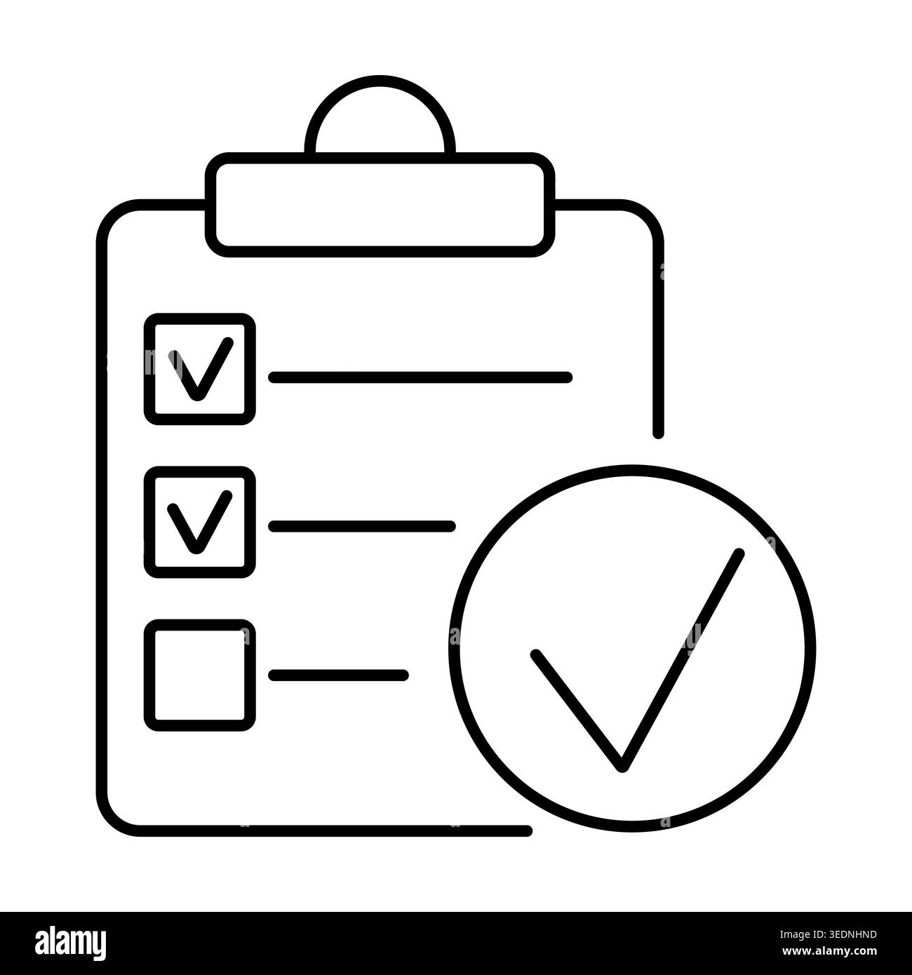Checklist with marked completed items, large checkmark, Vector line art illustration for task management app, to do list interface Stock Vector