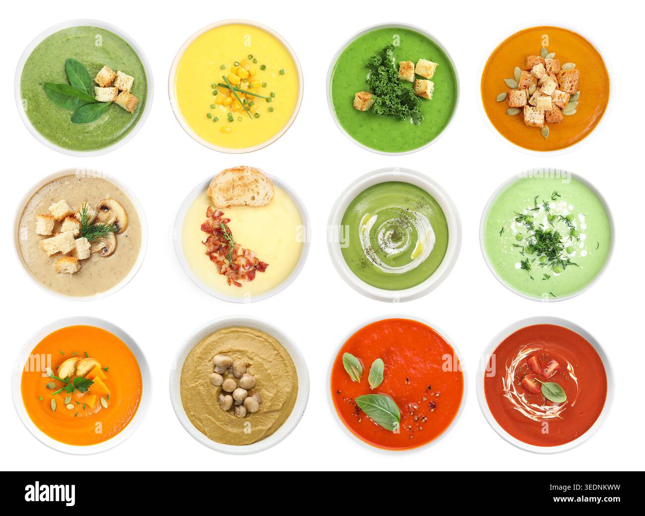 Different tasty soups in bowls isolated on white, collage. Top view Stock Photo