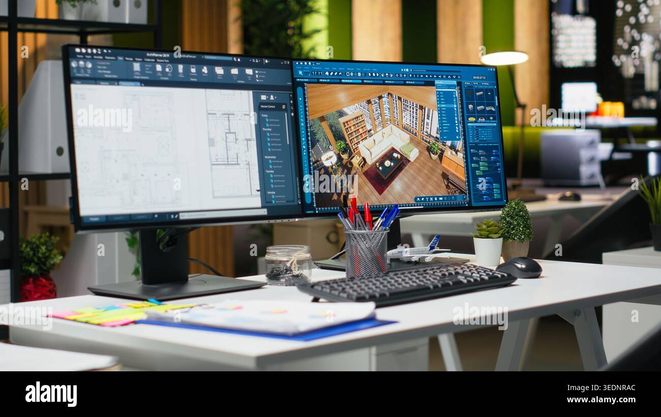Modern architecture dual monitors with 3D rendering software and floor ...