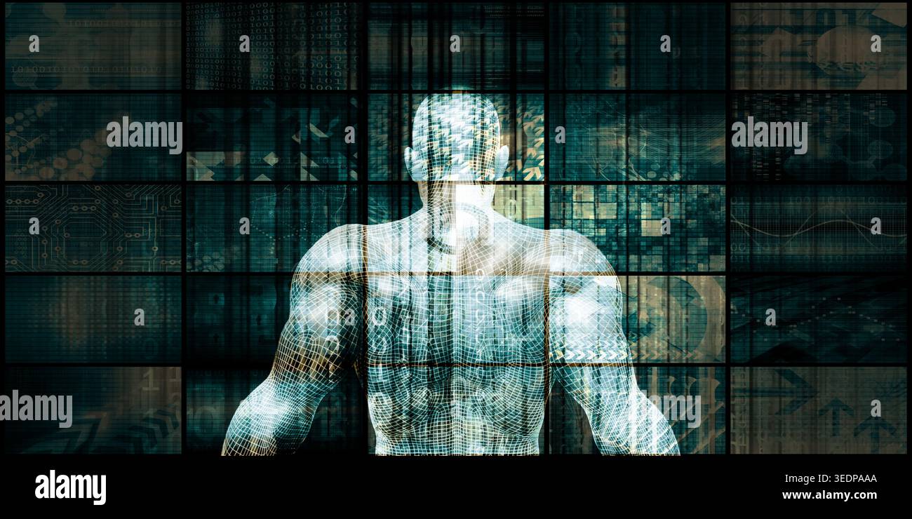 Technological Evolution Wireframe Human In Digital Matrix Stock Photo
