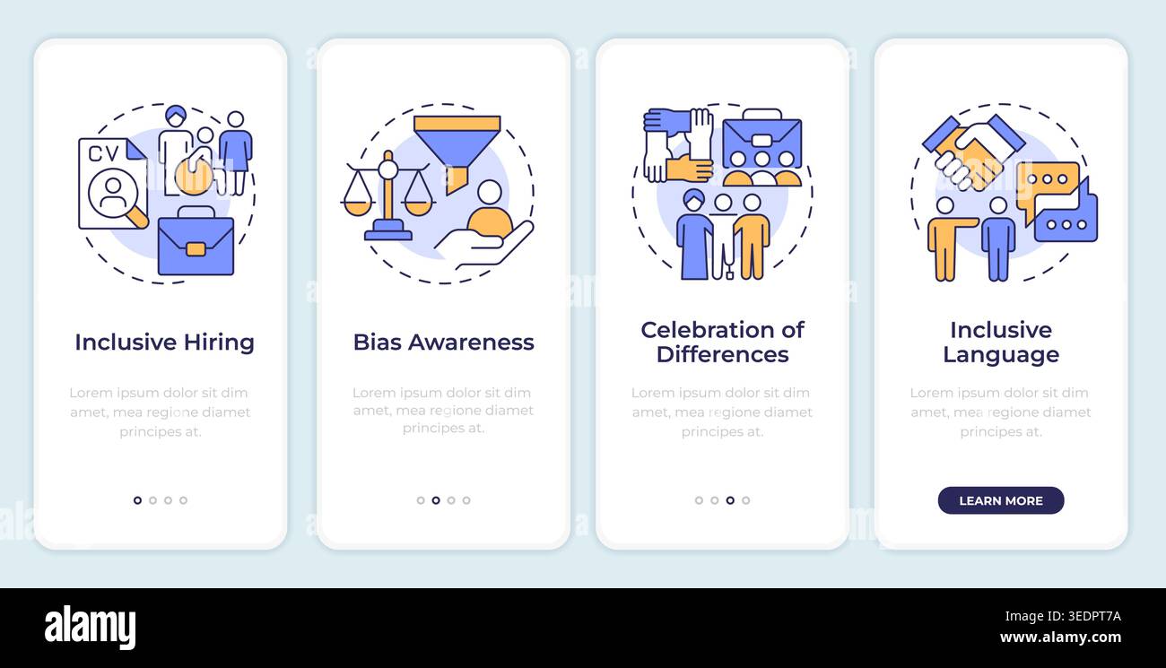 Inclusive workplace practices onboarding mobile app screen Stock Vector