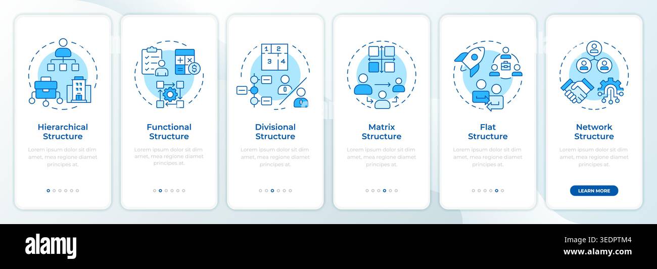 Organizational framework types blue onboarding mobile app screen Stock Vector