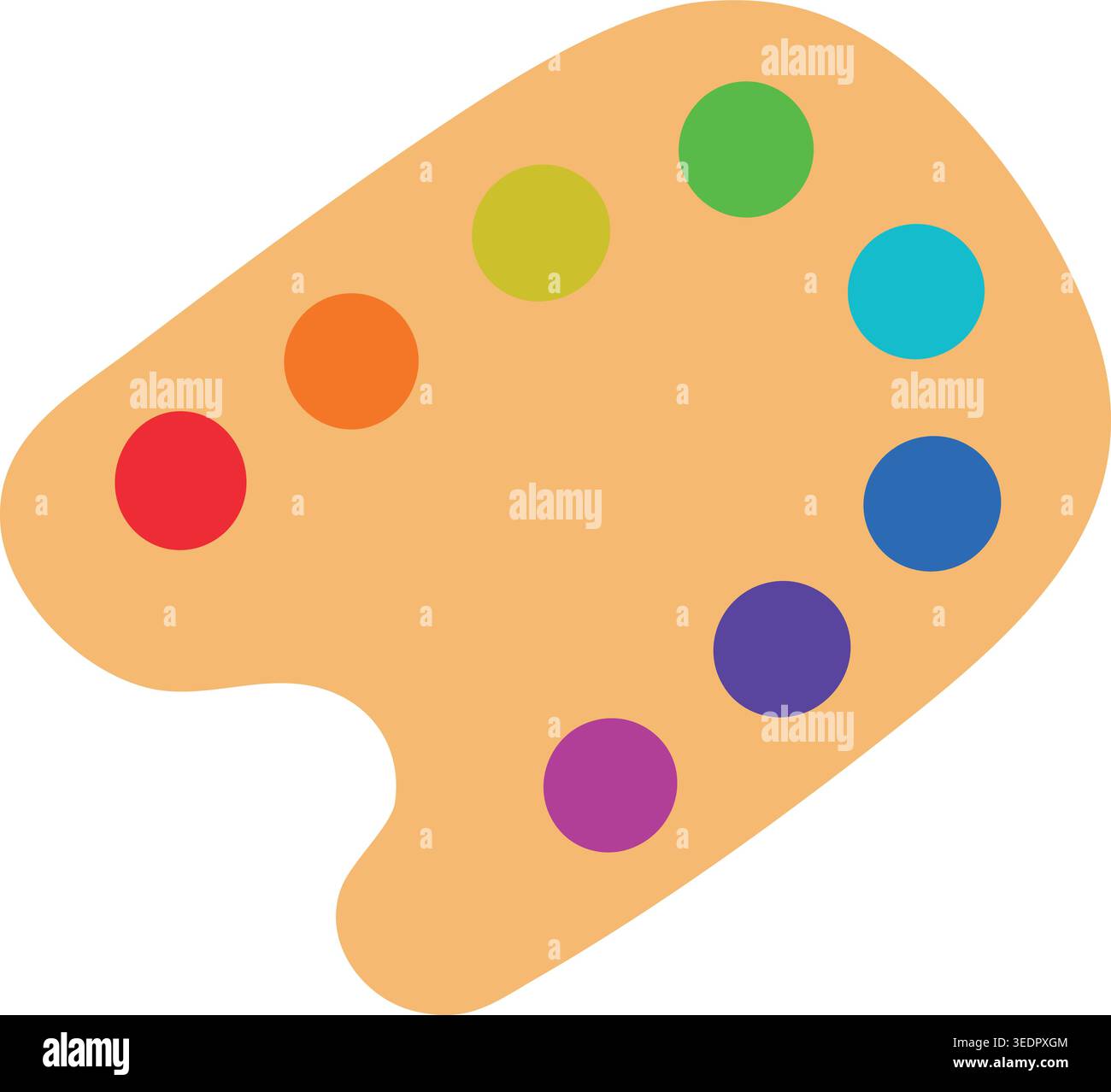Simple illustration of a wooden paint palette with a thumb hole and bright circular paint colors across the surface. Stock Vector