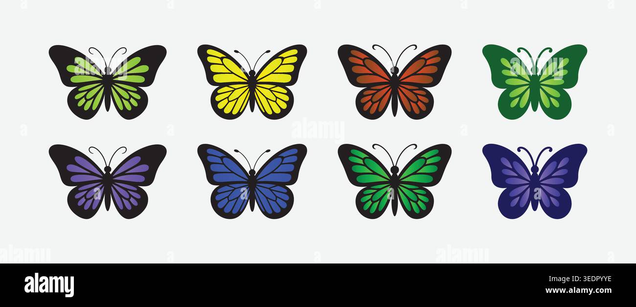 Butterfly Icon Set Colorful Flat Vector Insect Collection Bundle Nature Design Stock Vector