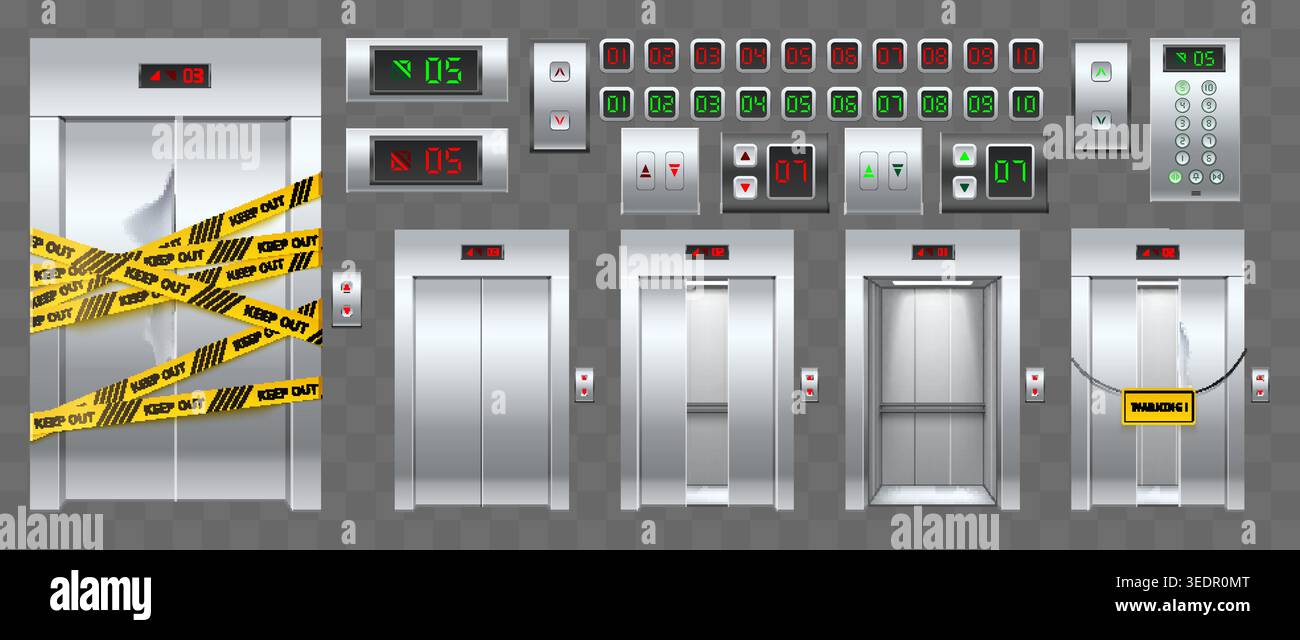 Elevator door and buttons. Realistic metal doorway with electronic arrows. Panel with stage indicators. Closed and open steel cabin gate. Lobby Stock Vector