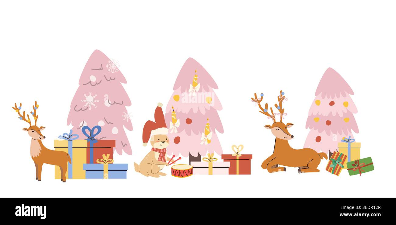 Cartoon pink chrismas tree and animals vector set. Flat illustrations isolated on white background. Cute rabbit, reindeer with gifts. Coquette pink ch Stock Vector