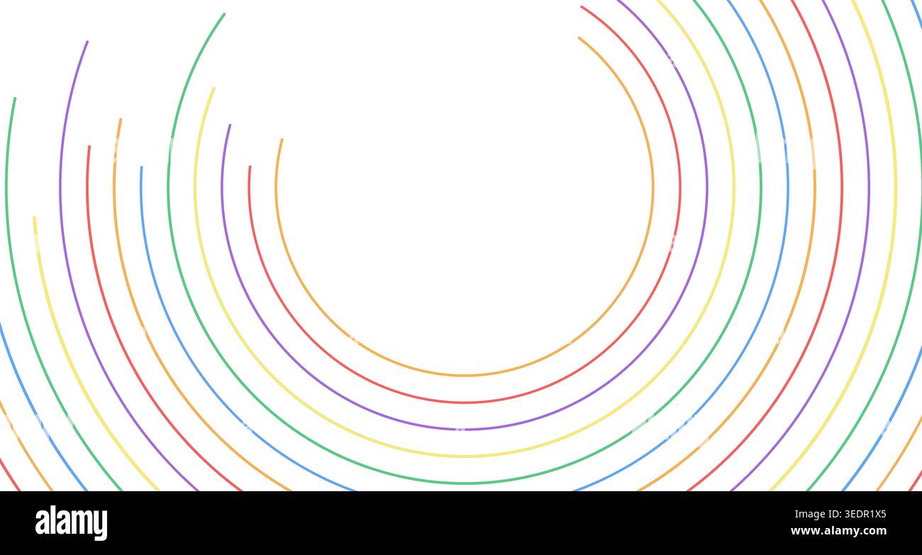 A visually striking image featuring thin, colorful curved arcs arranged in a radial pattern against a light background, creating a sense of movement a Stock Photo