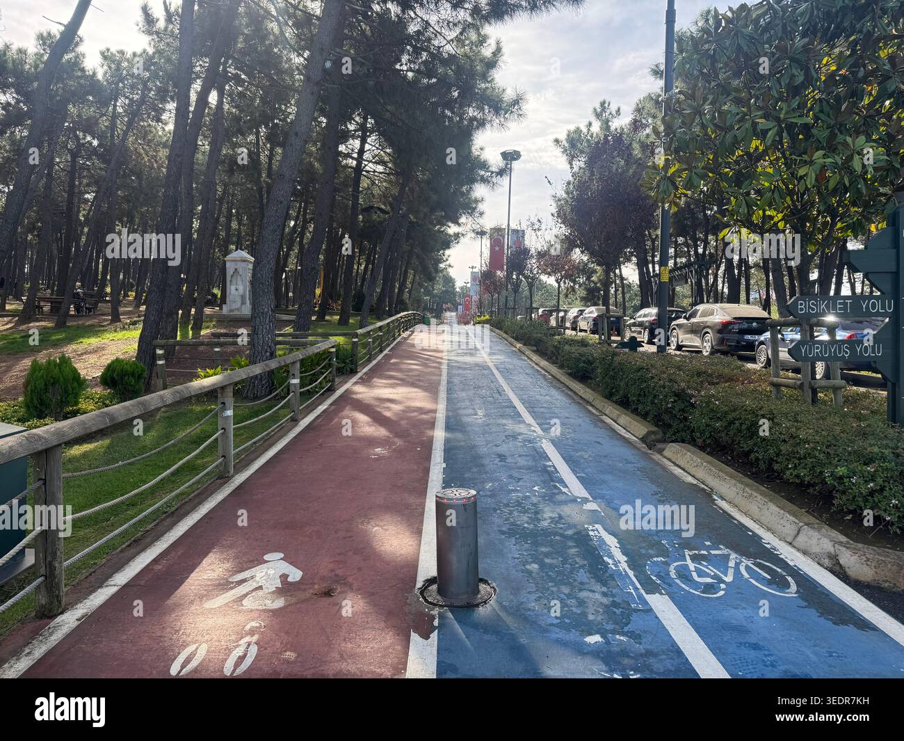 Urban park pathway featuring bicycle and pedestrian lanes surrounded by ...