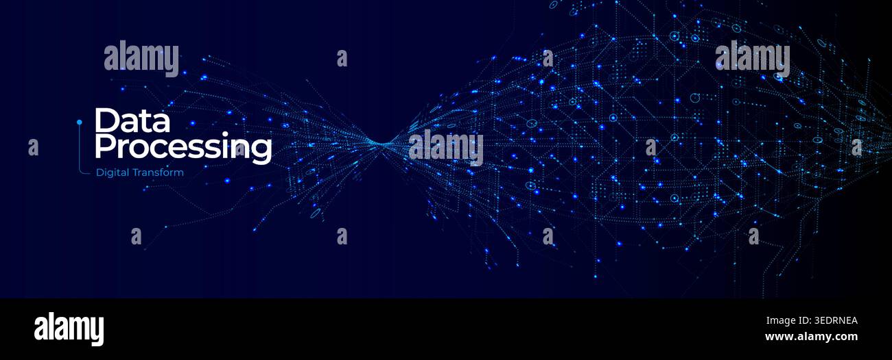 Data Processing Technology Background with Futuristic Digital Flow and Glowing Network Connections. Big Data Analytics, Digital Transformation, AI Stock Vector