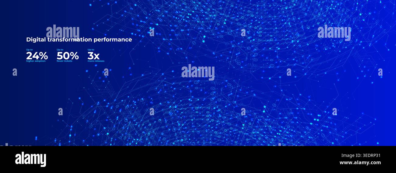 Digital Transformation Performance Background with Blue Data Network, Glowing Particles, Statistic Metrics. Business Performance Analytics Banner Stock Vector