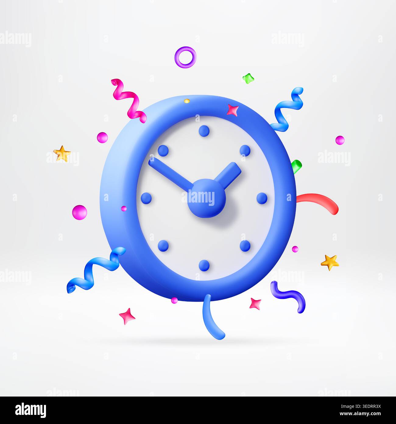 3d blue wall clock surrounded by colorful confetti Stock Vector