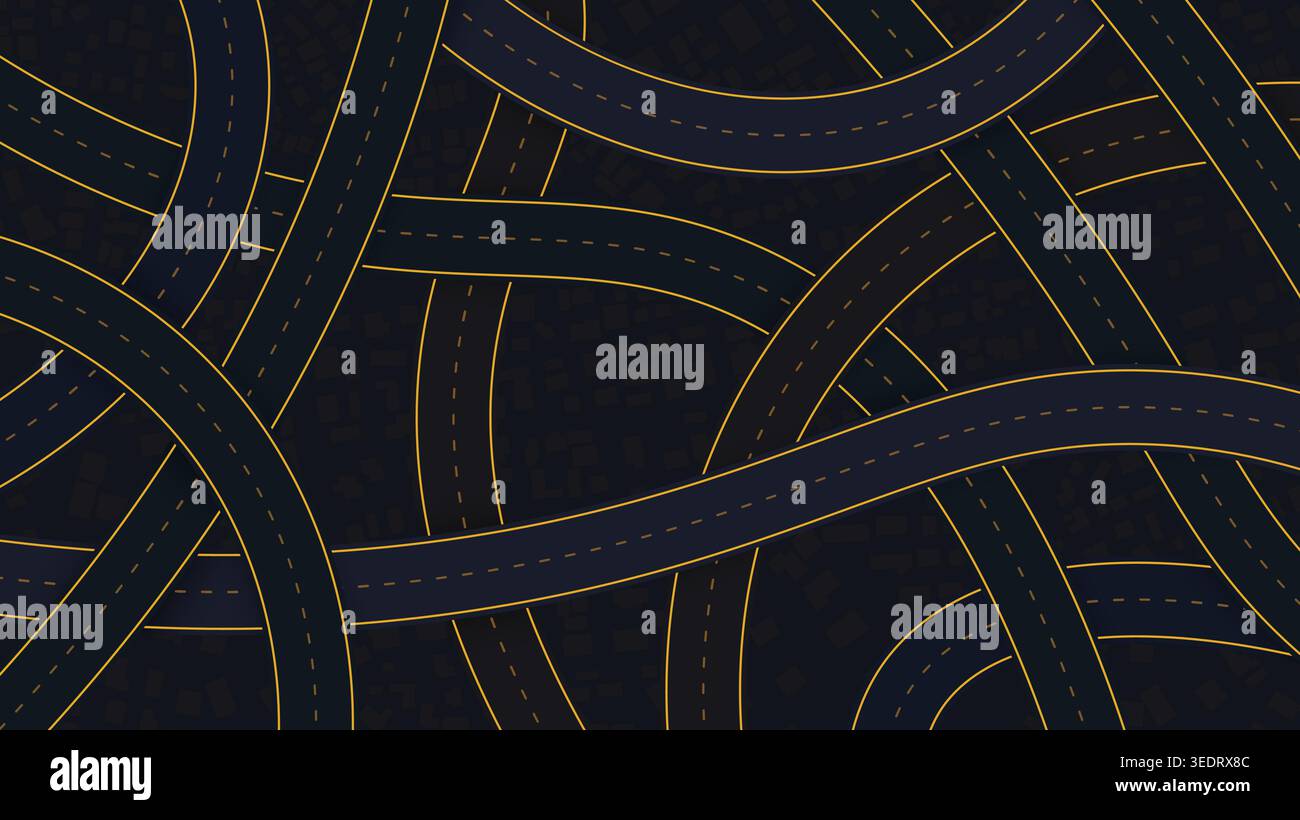 Large abstract roads, gradient lines intersect in various directions. Black background. Vector, illustration. Stock Vector