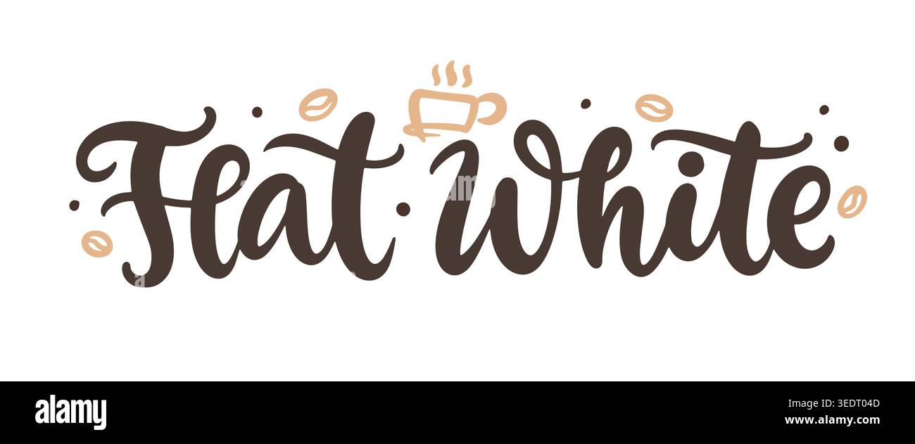 Flat white coffee hand written lettering design Stock Vector