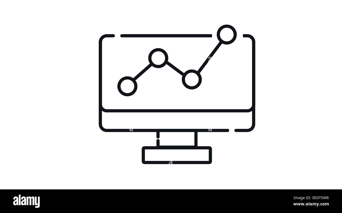 Computer line chart analytics icon: desktop PC with node-based data graph on screen, minimalist black line art vector illustration for statistics. Stock Vector