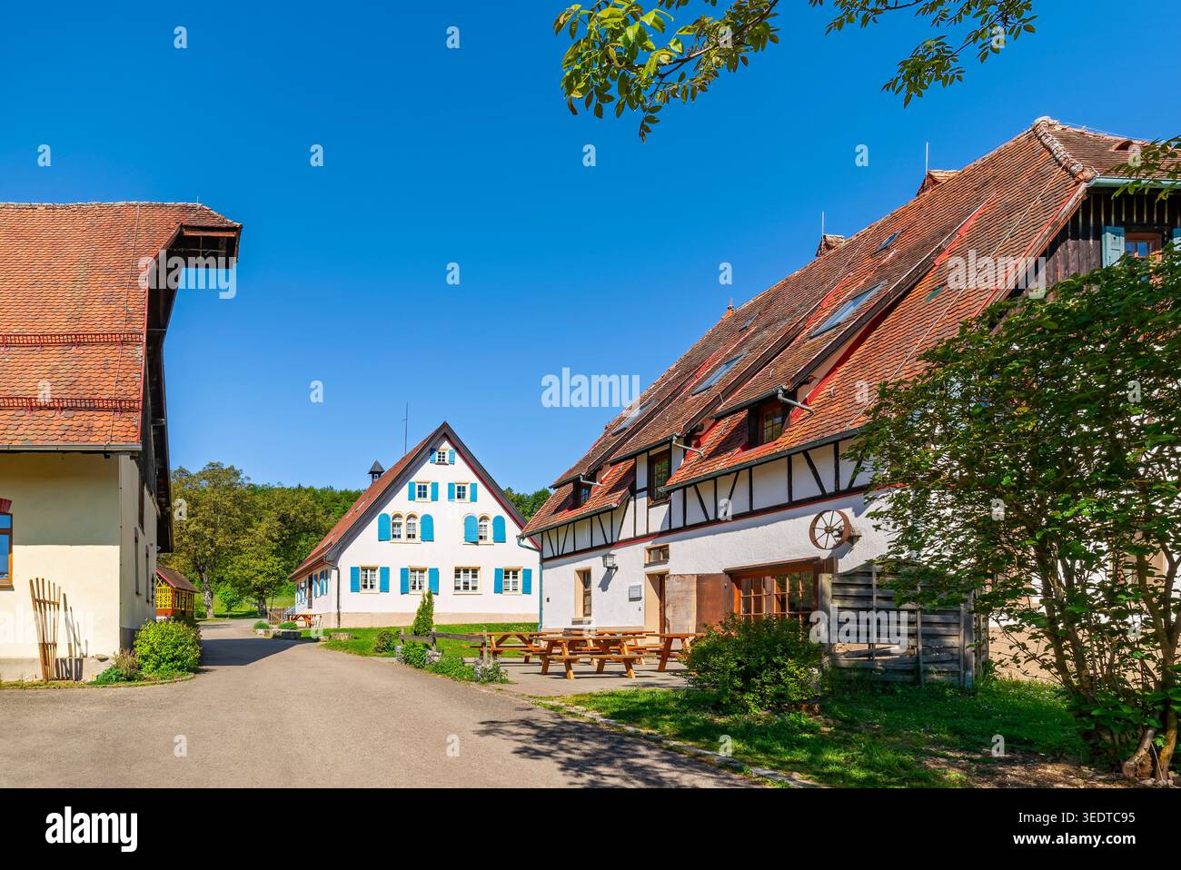 The St. Georgenhof was founded in 1863 by Johann Georg Schneider as a resettlement farm. Alfred Schradin, a factory owner from Reutlingen, acquired the farm in 1920 and developed it into a private stud farm. In 1930/31, the Berlin banker Robert von Mendelssohn acquired the farm. Haus am Berg GmbH bought the estate in 1972. Today the estate is used by the BruderhausDiakonie as a leisure center, Pfronstetten, Germany Stock Photo