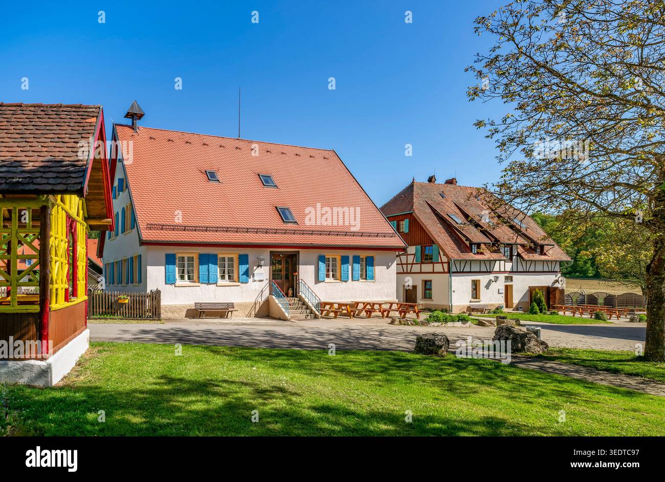 The St. Georgenhof was founded in 1863 by Johann Georg Schneider as a resettlement farm. Alfred Schradin, a factory owner from Reutlingen, acquired the farm in 1920 and developed it into a private stud farm. In 1930/31, the Berlin banker Robert von Mendelssohn acquired the farm. Haus am Berg GmbH bought the estate in 1972. Today the estate is used by the BruderhausDiakonie as a leisure center, Pfronstetten, Germany Stock Photo