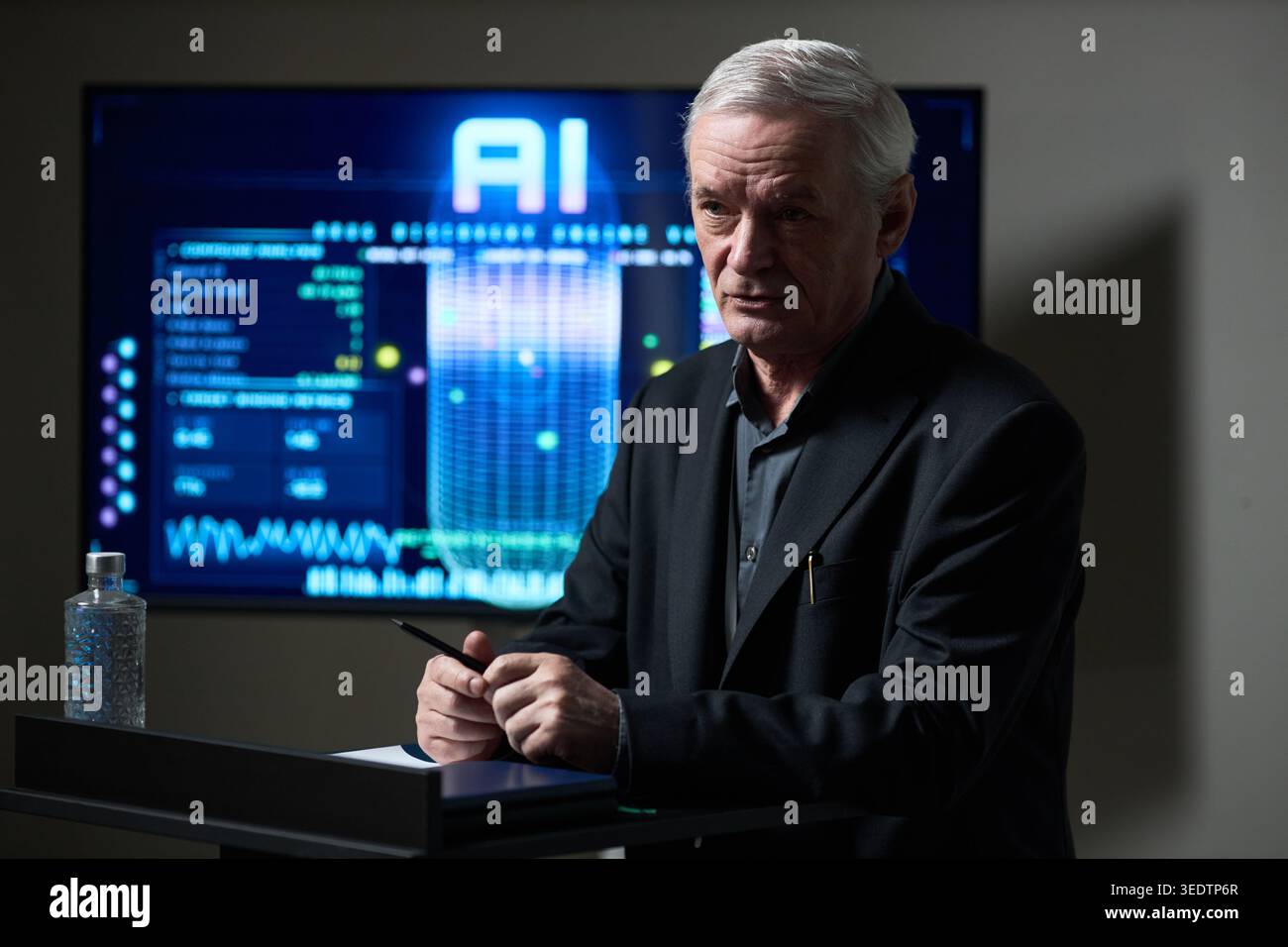 Senior Man Presenting Ai Strategy in Corporate Technology Meeting Stock Photo