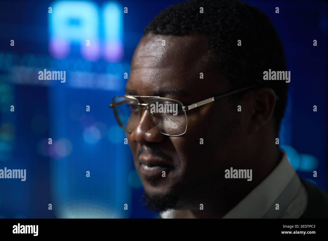 Black Man Analyzing Ai Data for Business Technology Strategy Stock Photo