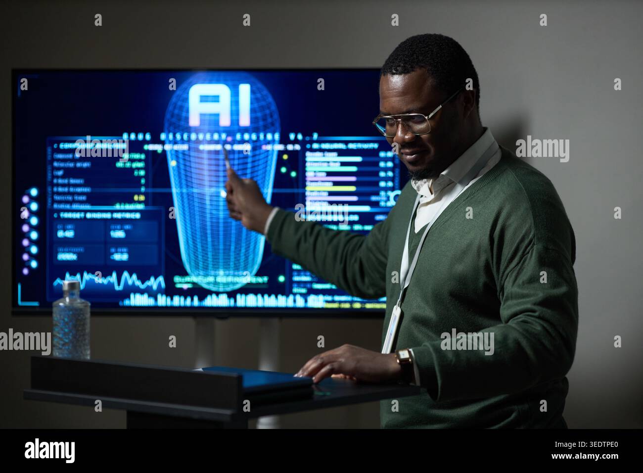 Black Man Presenting Ai Analytics Dashboard for Business Strategy Stock Photo