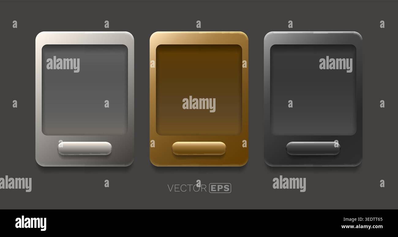 Neumorphic UI frames with button, set in three colors. Modern soft user interface design concept. Vector illustration Stock Vector