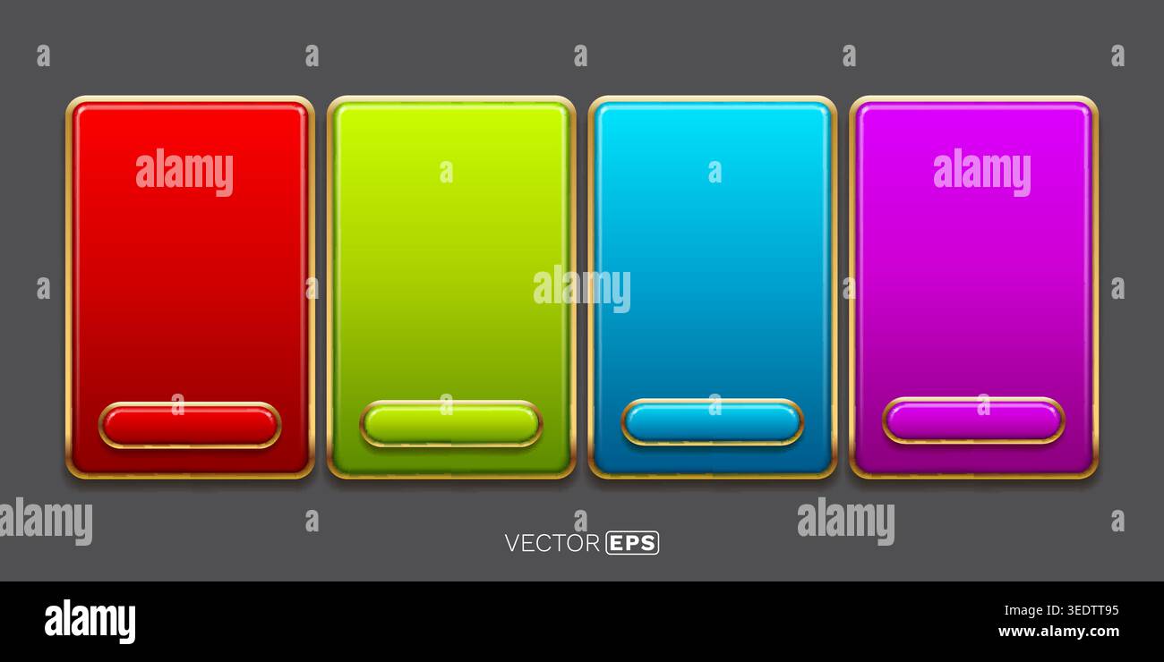 Vibrant Set of Four Glossy Rectangular Frames with Matching Buttons for UI Design. Vector illustration. Stock Vector