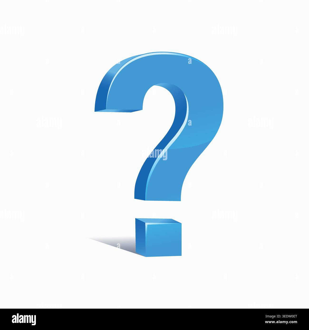 Glossy blue 3D question mark with cube base and soft shadow, symbolizing curiosity, inquiry, and problem solving concepts. Stock Vector