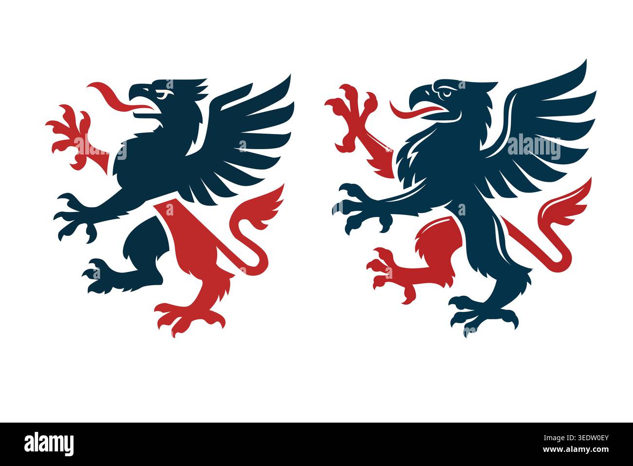 Set of bold heraldic griffin emblems in red and navy, combining eagle and lion forms for strong, royal, and classic logo design. Stock Vector