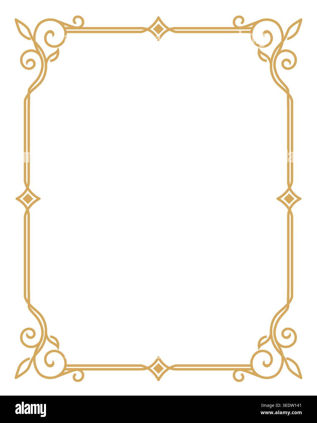 Elegant vintage gold ornamental frame with floral swirls and decorative corners, ideal for invitations, certificates, and classic designs. Stock Vector
