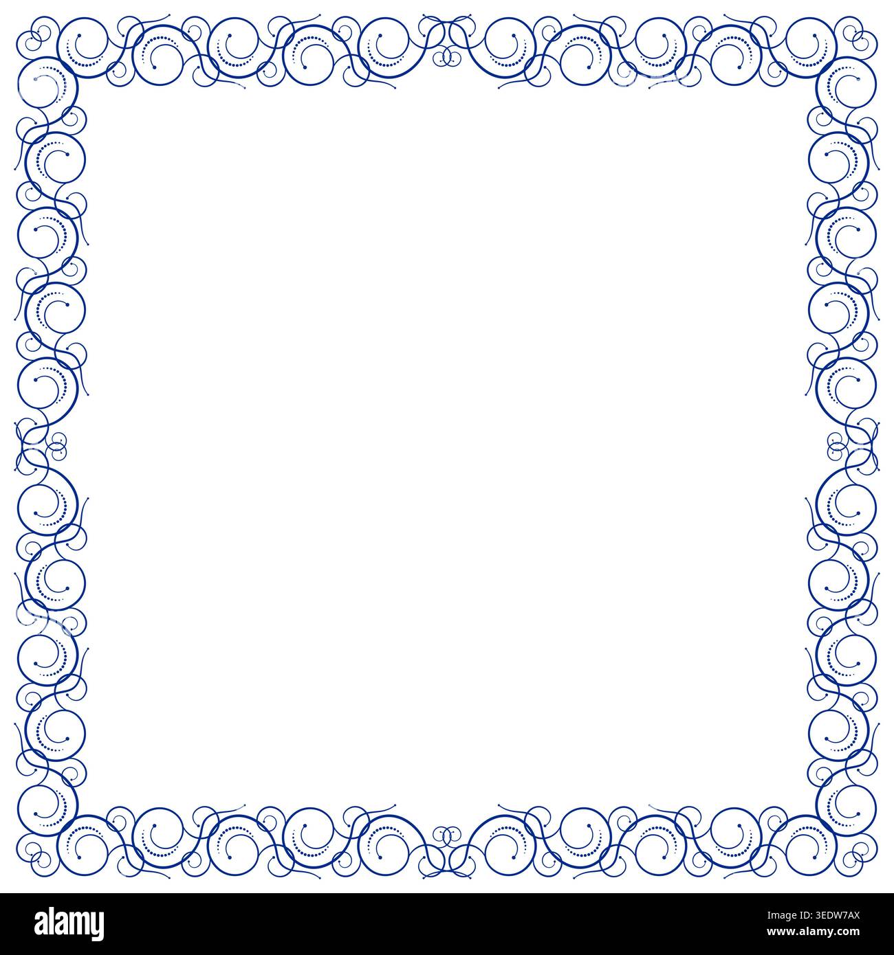Blue square frilly frame. Ornamental filigree design element. Background of calligraphy curved lines and dots Stock Vector