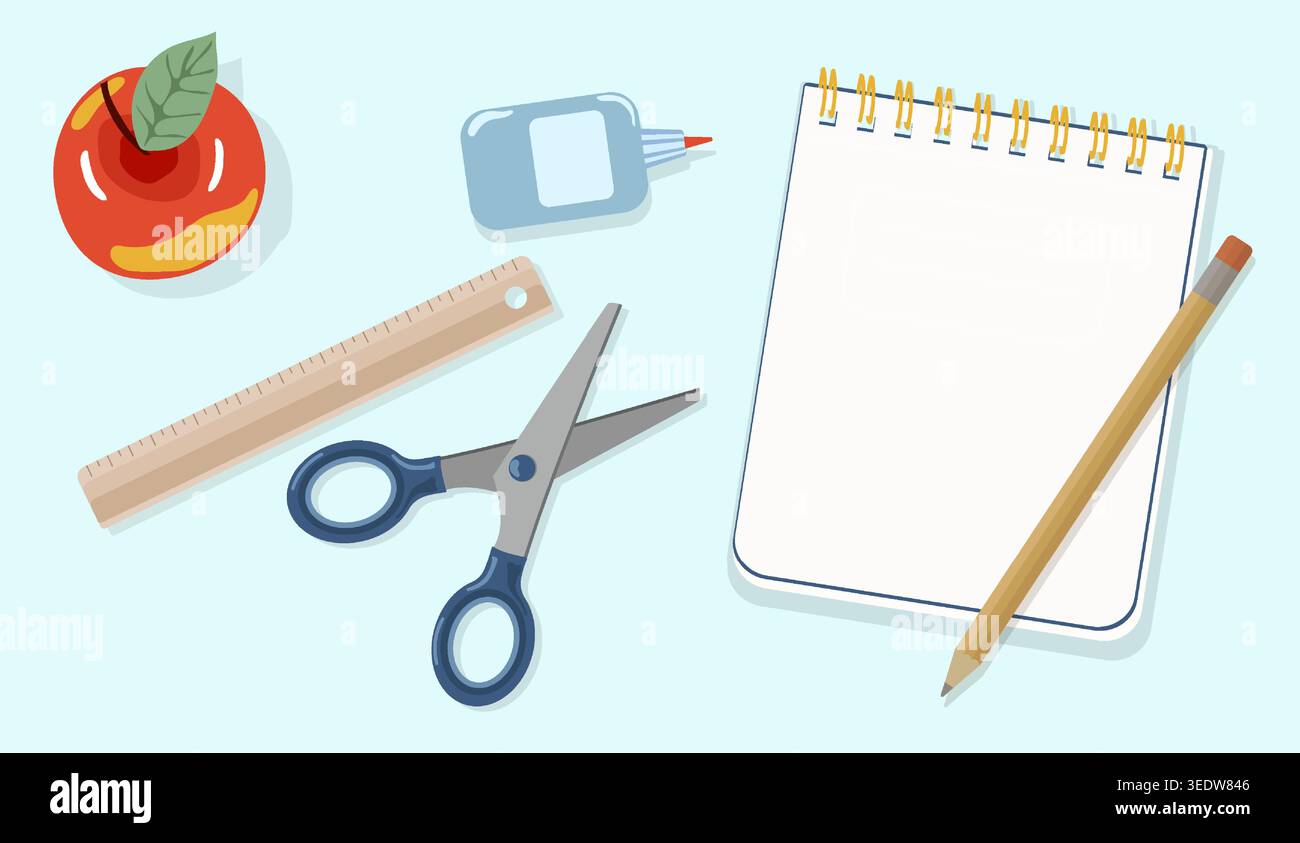 Minimalist School Desk Flat Lay Vector Open Notebook with Scissors Ruler Pencil and Red Apple for Back to School Branding and Creative Education Stock Vector