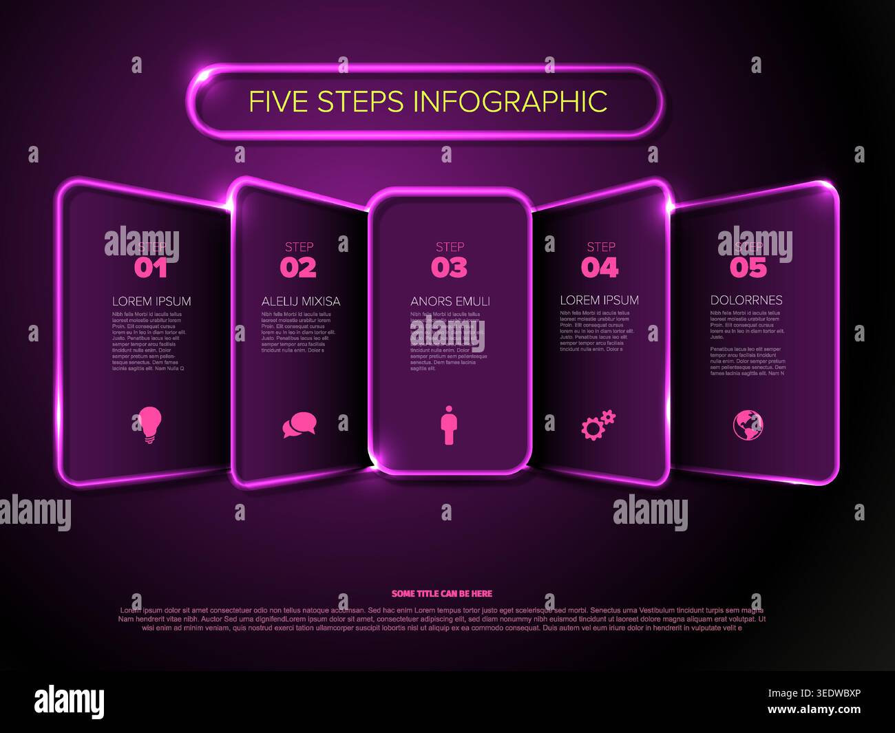 This modern purple infographic template features a glowing neon design for five steps logic. The neon infographic includes five steps to present infor Stock Vector