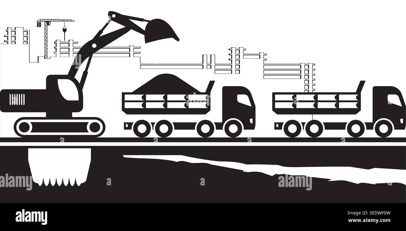 Earth mover loading dump trucks on construction site - vector illustration Stock Vector