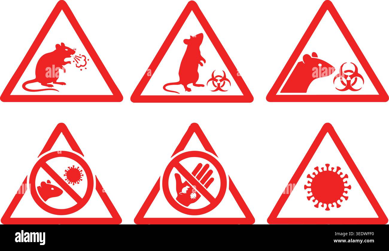 Red warning signs collection featuring rats biohazard symbols and virus ...