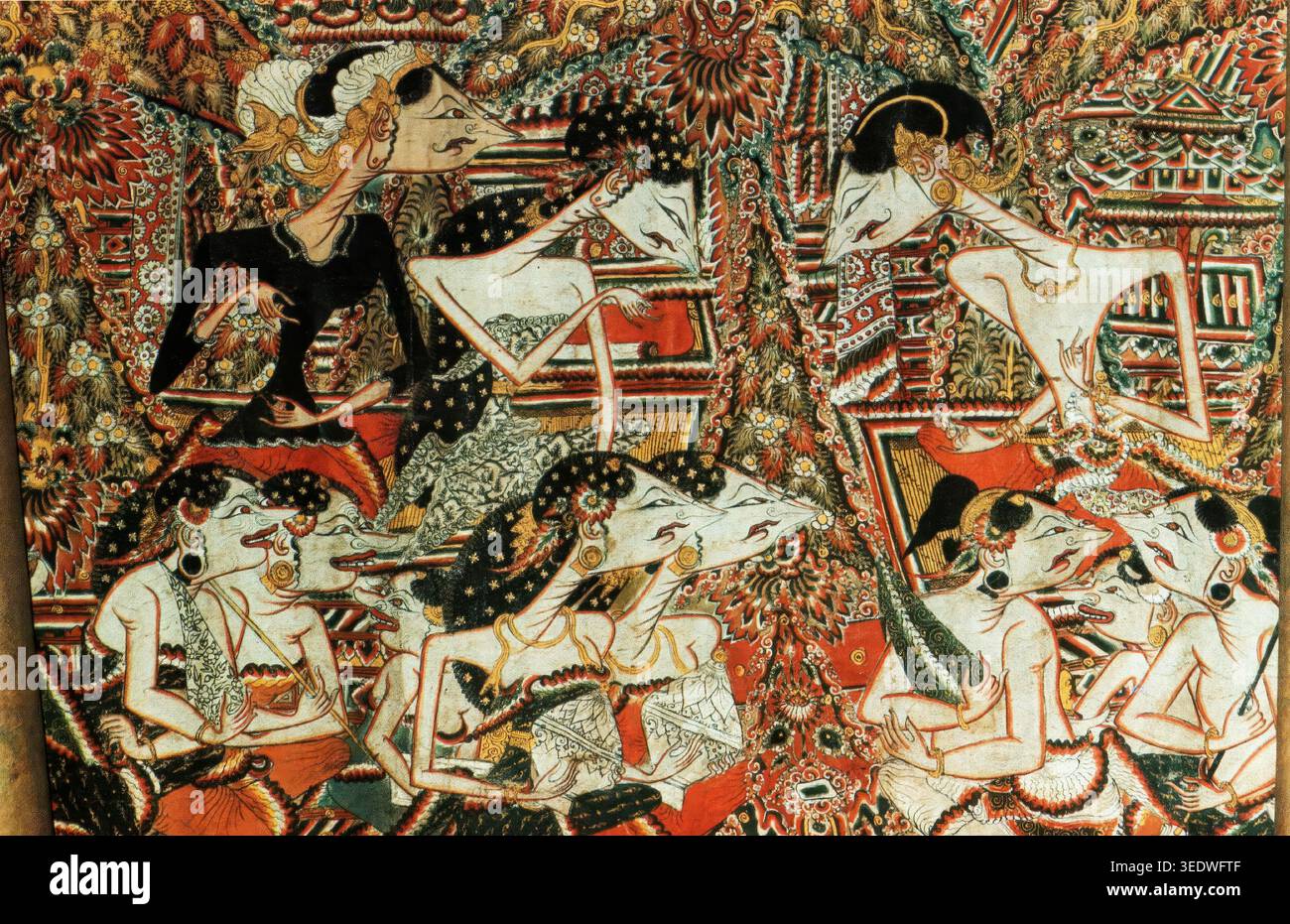 Wayang beber Gedompol, picture roll 6, scene 3. Princess Sekar Taji, Mbok Kili and Ganda Ripa or Panji in the Kendiri palace.  17th century. Stock Photo