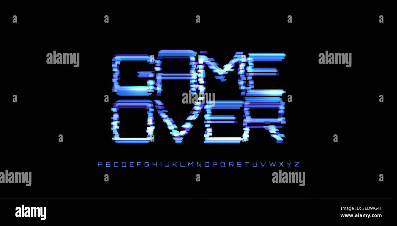 Game Over Digital Noice Font Logo Alphabet Vector Glitch Letters Set Modern Typography, Creative Typographic Design for Play Button, Game UI Headline Stock Vector