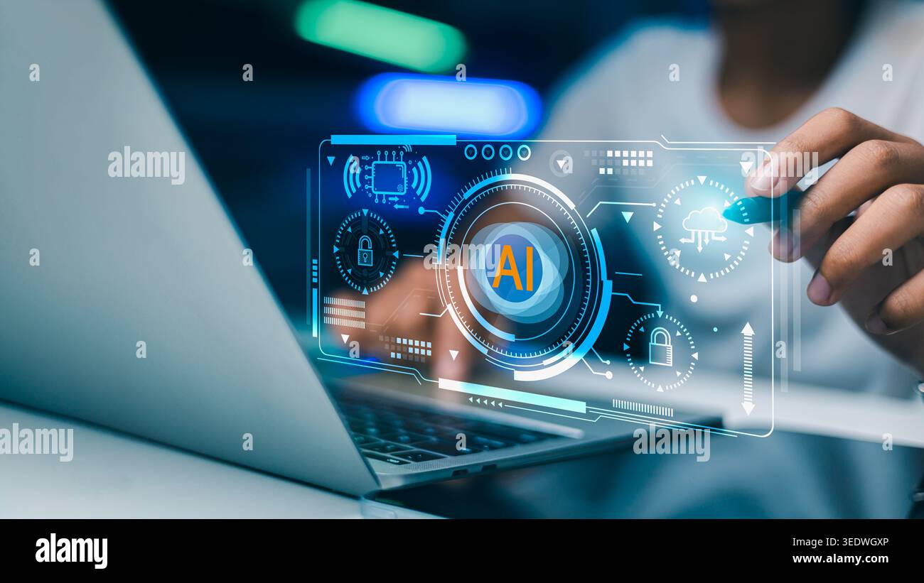 Professional person using laptop with AI artificial intelligence interface, cloud computing icon, and digital data security system. Business technolog Stock Photo