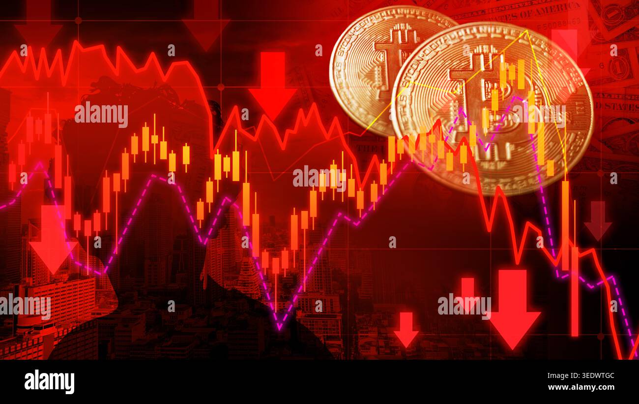 stock market cryptocurrency Decrease Decline Recession Graph , financial chart with downtrend line graph in stock market on red color background Stock Photo