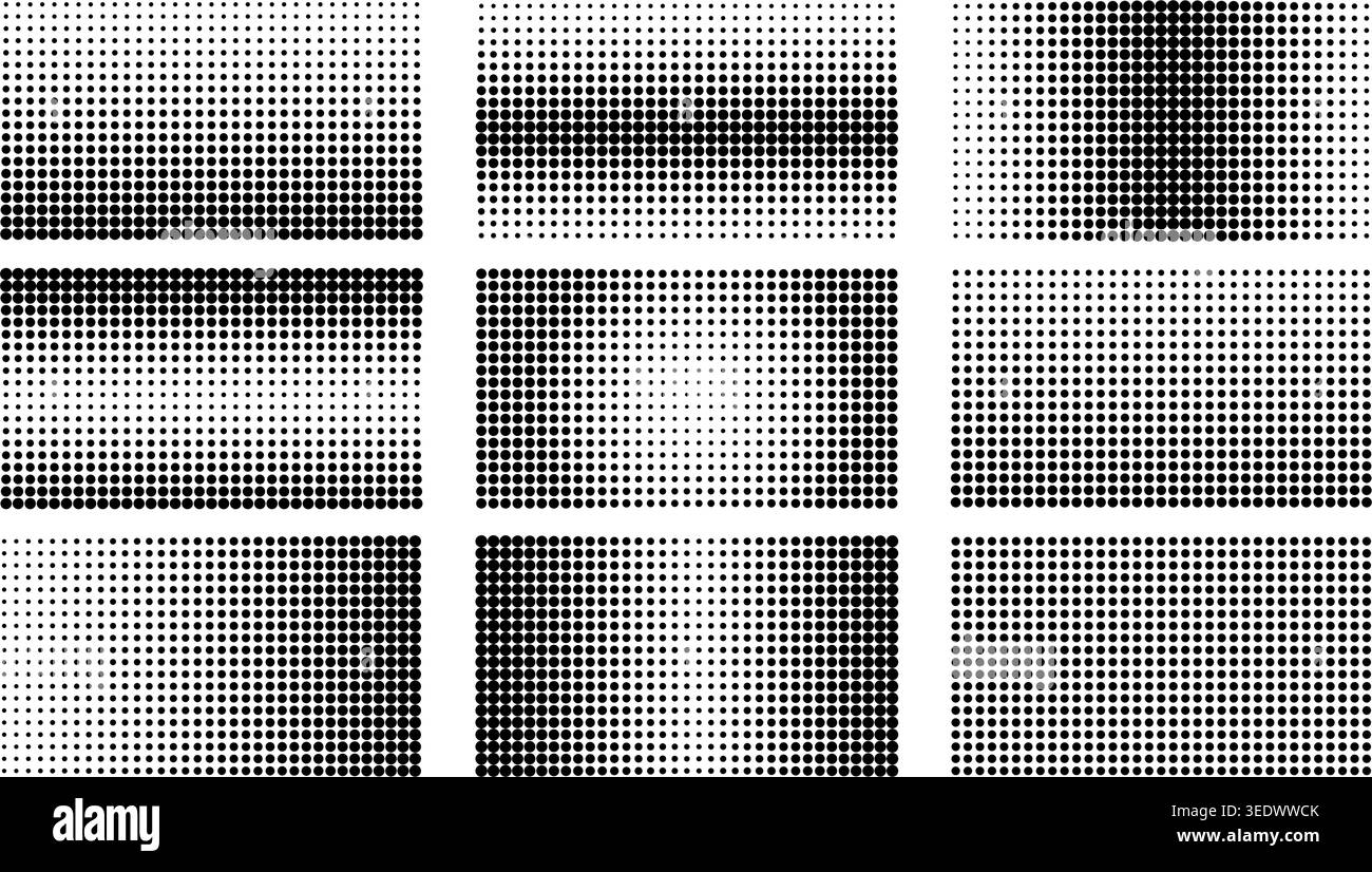 Halftone gradient patterns with dot matrix fade effects. Comic style rectangles create dynamic visual tone for retro popart designs and graphic templates. Stock Vector