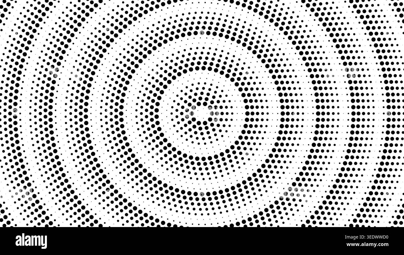 Halftone dot pattern with concentric circles radiating from center. Dynamic circular frame creates tech inspired abstract border with radial expansion effect. Stock Vector