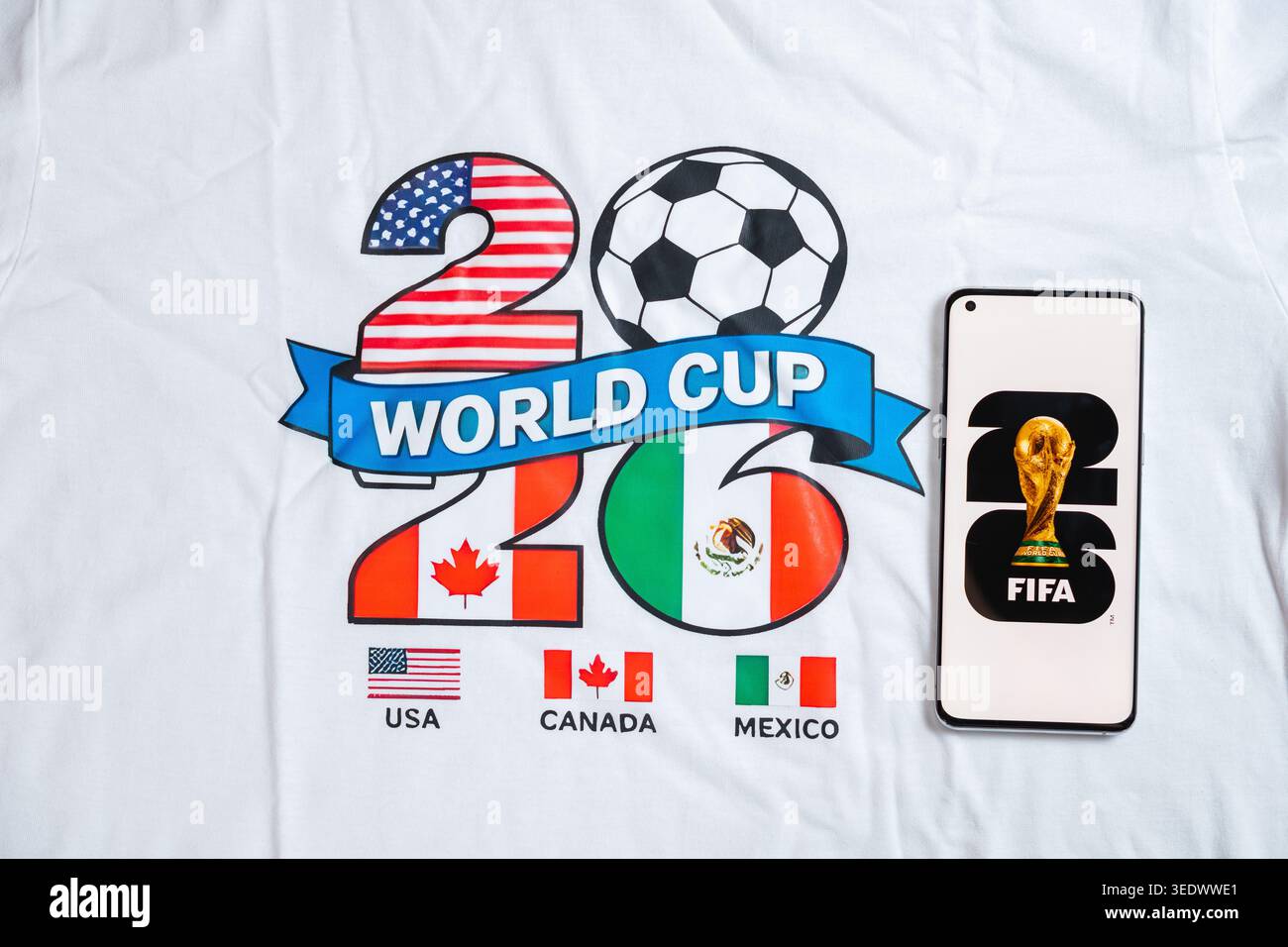 ZHONGSHAN China-May 7 2026: T shirt with the 2026 FIFA World Cup figure ...