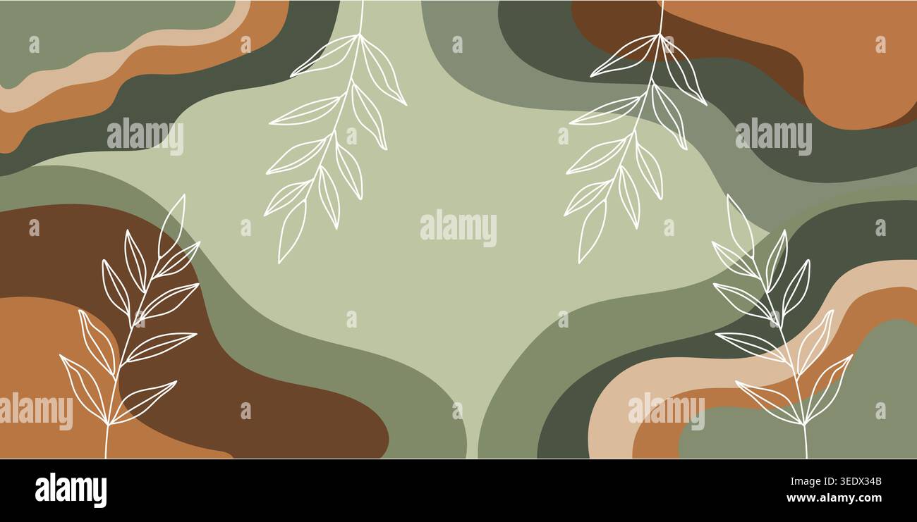 Abstract Waves with Green, Brown, and Leaf Illustrations Stock Vector