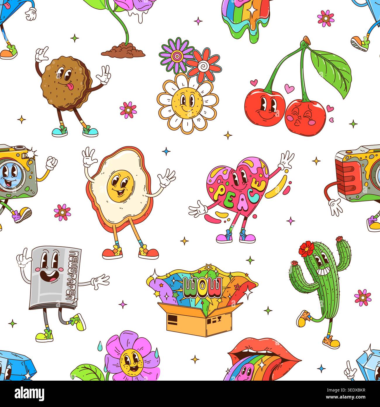 Cartoon groovy hippie characters seamless pattern Stock Vector