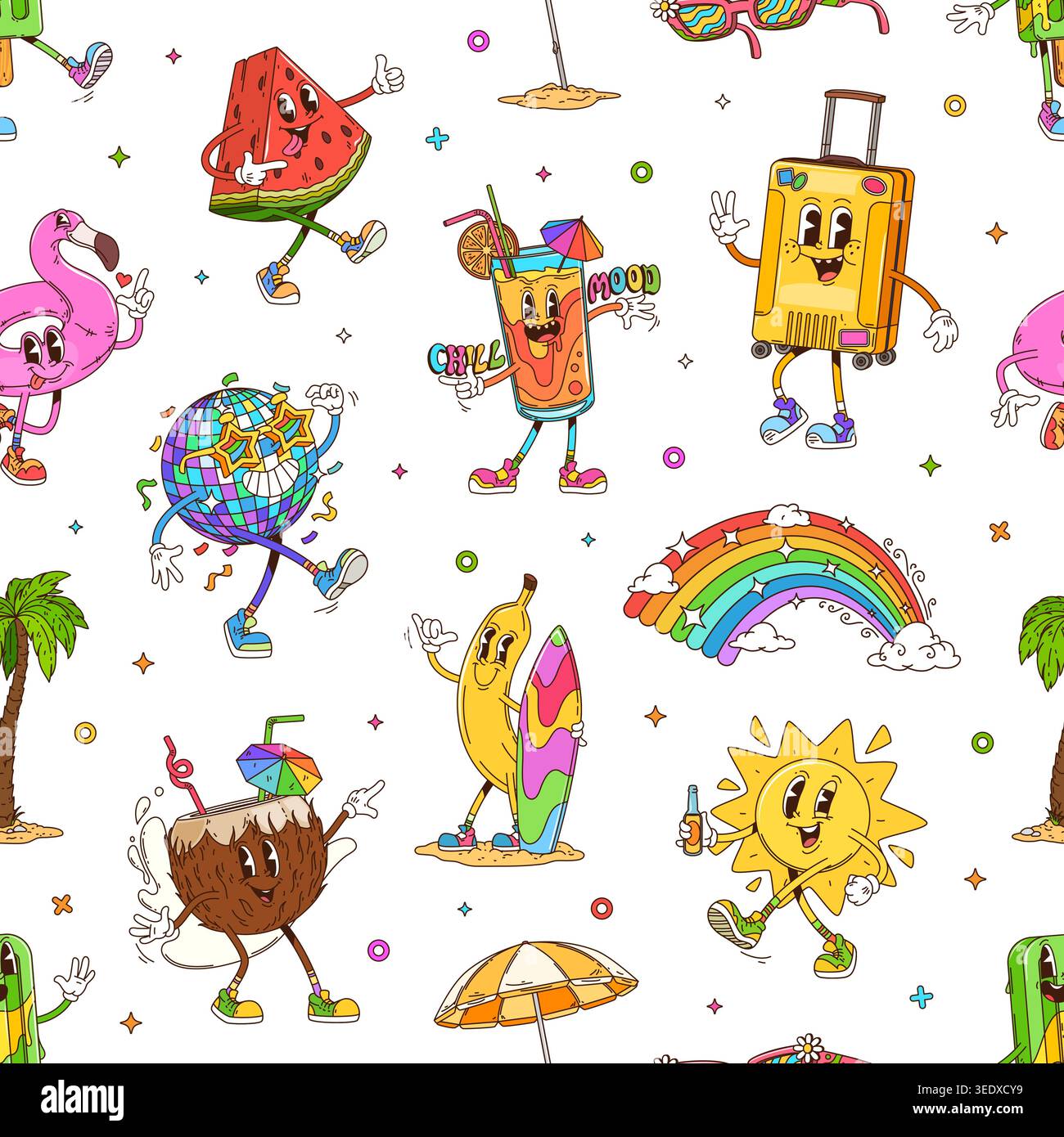 Cartoon groovy travel characters seamless pattern Stock Vector