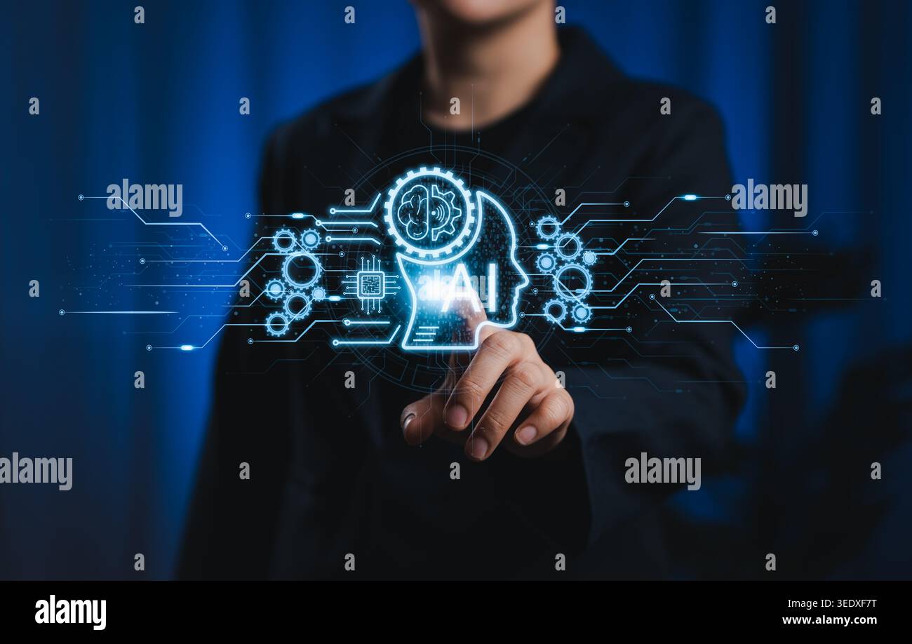 AI automation technology concept. Businesswoman touching artificial intelligence interface with circuits, gears, data network, machine learning, Stock Photo