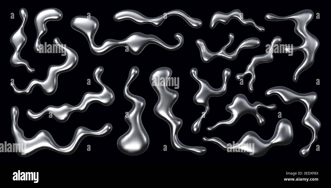 Liquid metal chrome blobs, silver squiggly drops Stock Vector