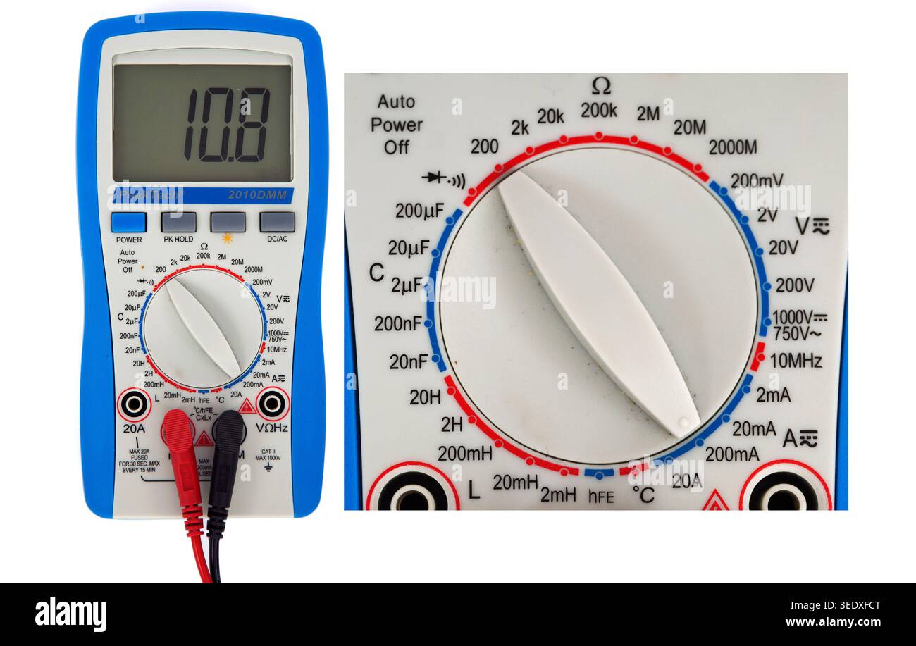 Digital multimeter for measuring electrical quantities. It measures direct and alternating voltage (DCV/ACV), direct and alternating current (DCA/ACA) Stock Photo