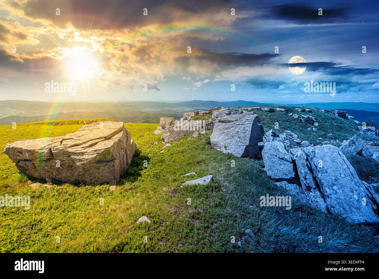 mountainous landscape during summer solstice. day meet night. sun and moon over boulders and rock formations surrounded grassy hills. picture of an un Stock Photo