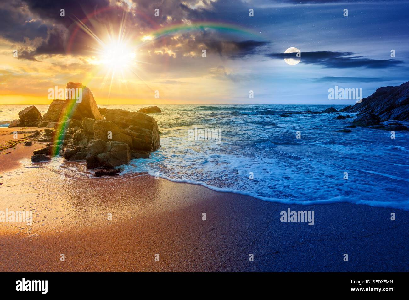 huge stones on the sandy beach. day meet night. wonderful holiday season background at the sea at twilight. sun and moon over clouds on the epic sky a Stock Photo